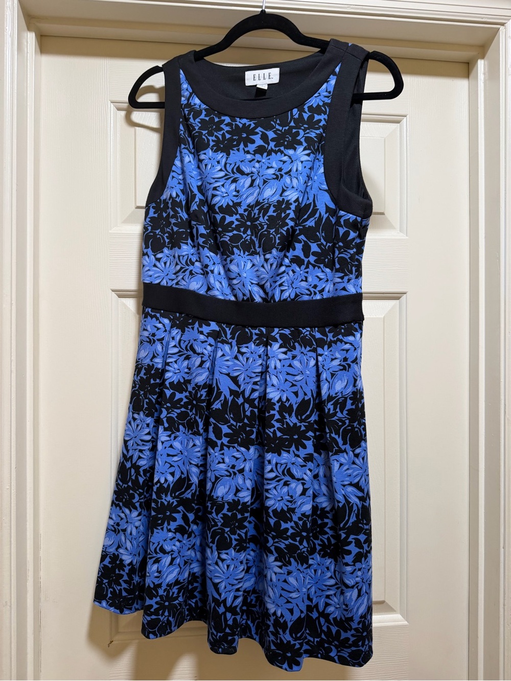 Elle Blue and Black Sleeveless Floral Fit-and-Flare Dress